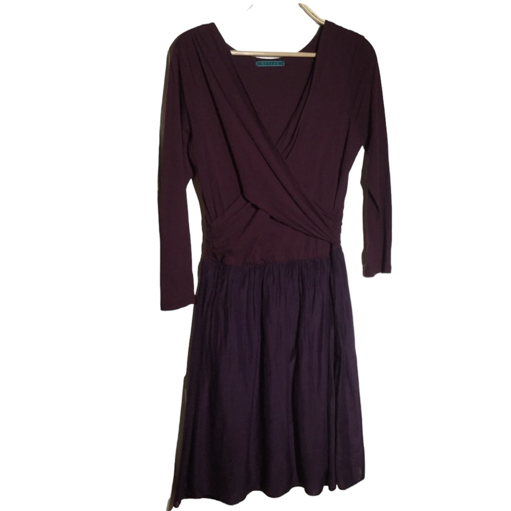 VELVET sz Large Jr Dress Long Sleeves Mixed Materials Silk Blend Purple + Wine